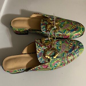 Women's Multicolor Slip-On Mules with Gold Accent, Size 38 NEW